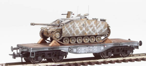REI Models 38748WY - German WWII Stug III Winter Camo loaded on a heavy 4 axle DRB flat car